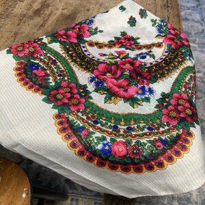 Vintage Folk Scarf Floral Metallic Thread Made In Ukraine